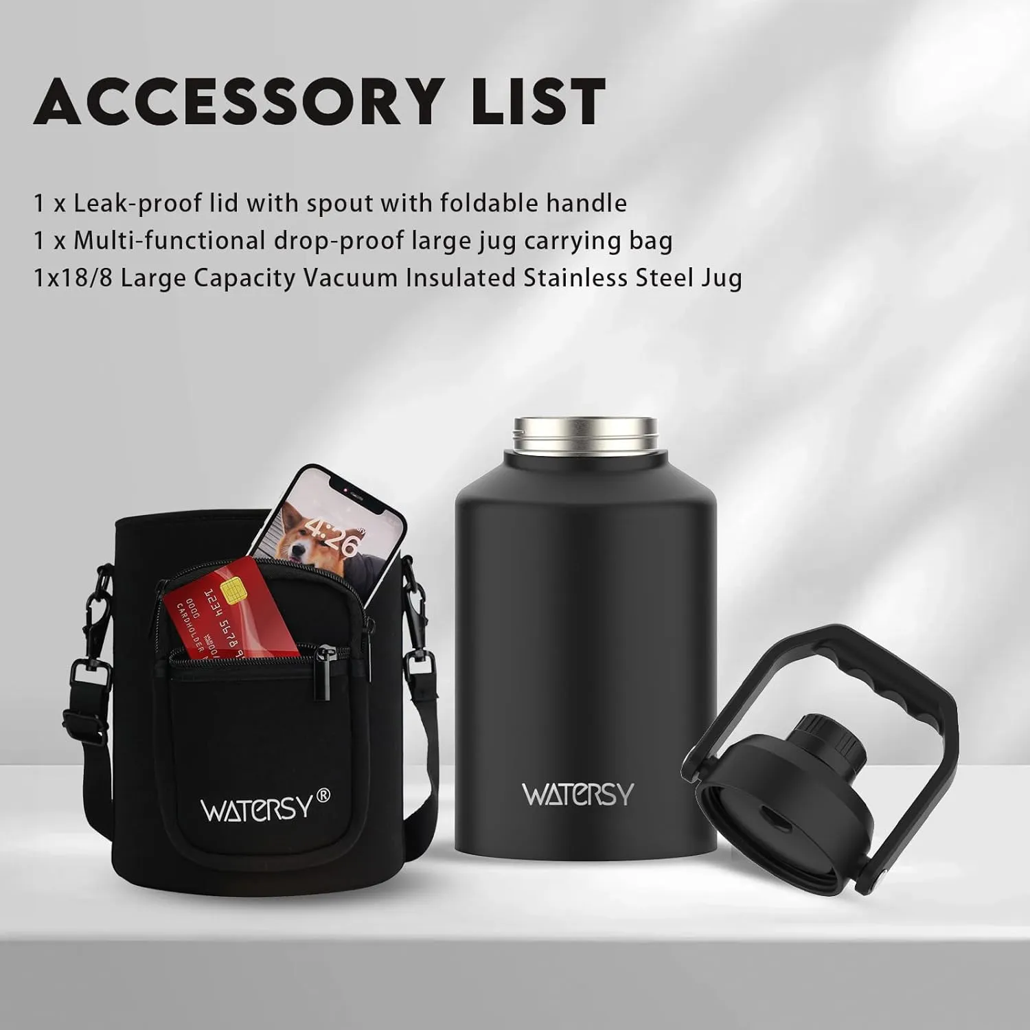 1 Gallon Water Bottle Insulated(Cold for 48 Hrs),BPA Free&Leak Proof,128oz Stainless Steel Water Jug,Big thermo,Large Water Bottle with Handle for Gym,Hiking,Camping&Travel,Black