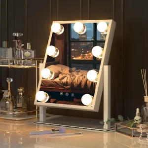 10" x 12" Vanity Mirror with Lights, 360°Rotation Tabletop Makeup Mirror with 9 LED Lights Bulbs, Portable Travel Mirror with 3 Color Lighting Modes, Mirror with Lights for Bedroom, White