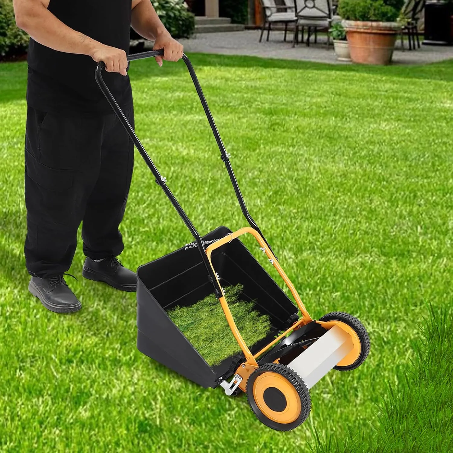 14-Inch Manual Push Reel Lawn Mower with Collection Bag, Four 5-Edged Blades Wheeled Lawn Mower Hand Push Lawn Mower Push Lawn Sweeper Grass Catcher Manual Lawn Dethatcher, 14inch Cutting Width