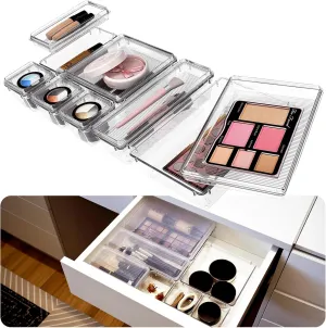 14 Pcs Clear Plastic Drawer Organizer Set, Upgrade Lid Design, 5 Size Bathroom Vanity Organizer Tray, Acrylic Makeup Drawer Organizer, Storage Containers for Kitchen Junk Utensils Office