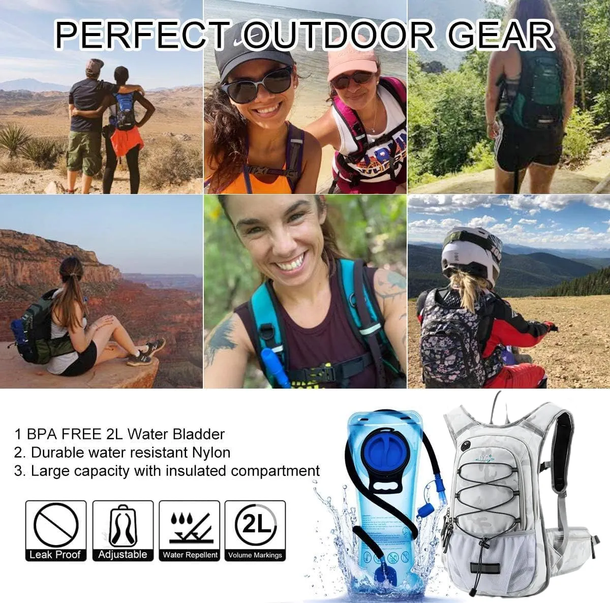 15L Insulated Hydration Backpack Pack with 2L Water Bladder Lightweight Hiking Backpack Bag for Women Men Daypack for Hiking Running Festival Camping Biking