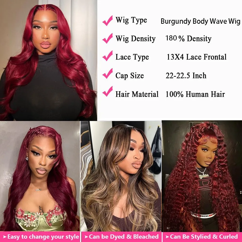18 Inch 99j Burgundy Lace Front Wigs Human Hair 13x4 Body Wave Lace Front Wigs Human Hair 180% Density Red Wig Pre Plucked Burgundy Wig Human Hair Wine Red Colored Wigs for Women with Baby Hair