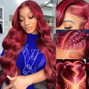 18 Inch 99j Burgundy Lace Front Wigs Human Hair 13x4 Body Wave Lace Front Wigs Human Hair 180% Density Red Wig Pre Plucked Burgundy Wig Human Hair Wine Red Colored Wigs for Women with Baby Hair