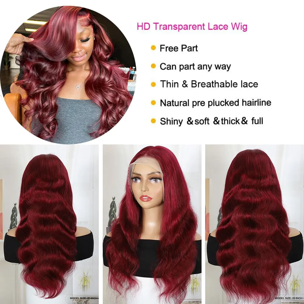 18 Inch 99j Burgundy Lace Front Wigs Human Hair 13x4 Body Wave Lace Front Wigs Human Hair 180% Density Red Wig Pre Plucked Burgundy Wig Human Hair Wine Red Colored Wigs for Women with Baby Hair