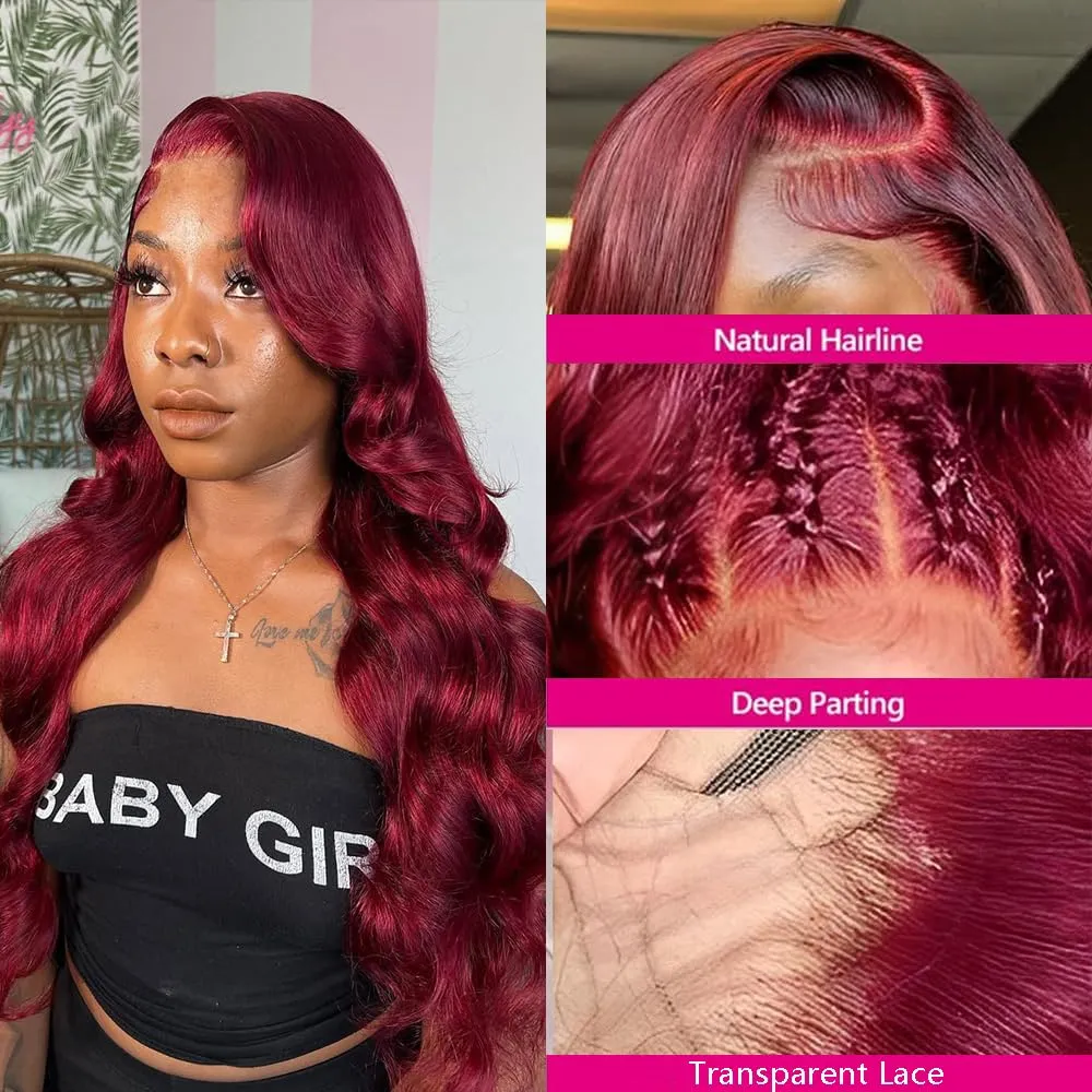 18 Inch 99j Burgundy Lace Front Wigs Human Hair 13x4 Body Wave Lace Front Wigs Human Hair 180% Density Red Wig Pre Plucked Burgundy Wig Human Hair Wine Red Colored Wigs for Women with Baby Hair