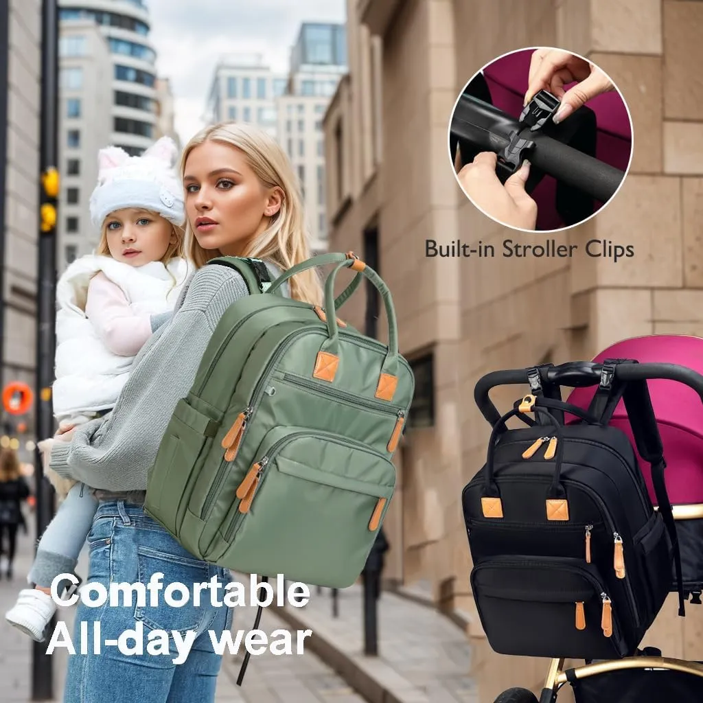 18 Pockets Diaper Bag Backpack with Waterproof Pockets and Stroller Buckle, Convertible Tote Bag (XL Green)