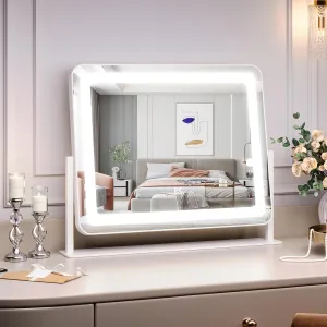 19.6"x15.7" Vanity Mirror with Lights, Large Lighted Mirror, LED Makeup Mirror with 3-Color Dimmable Modes and Smart Touch Control, Perfect for Desk or Bedroom, Vanity Desk Tabletop Makeup, White
