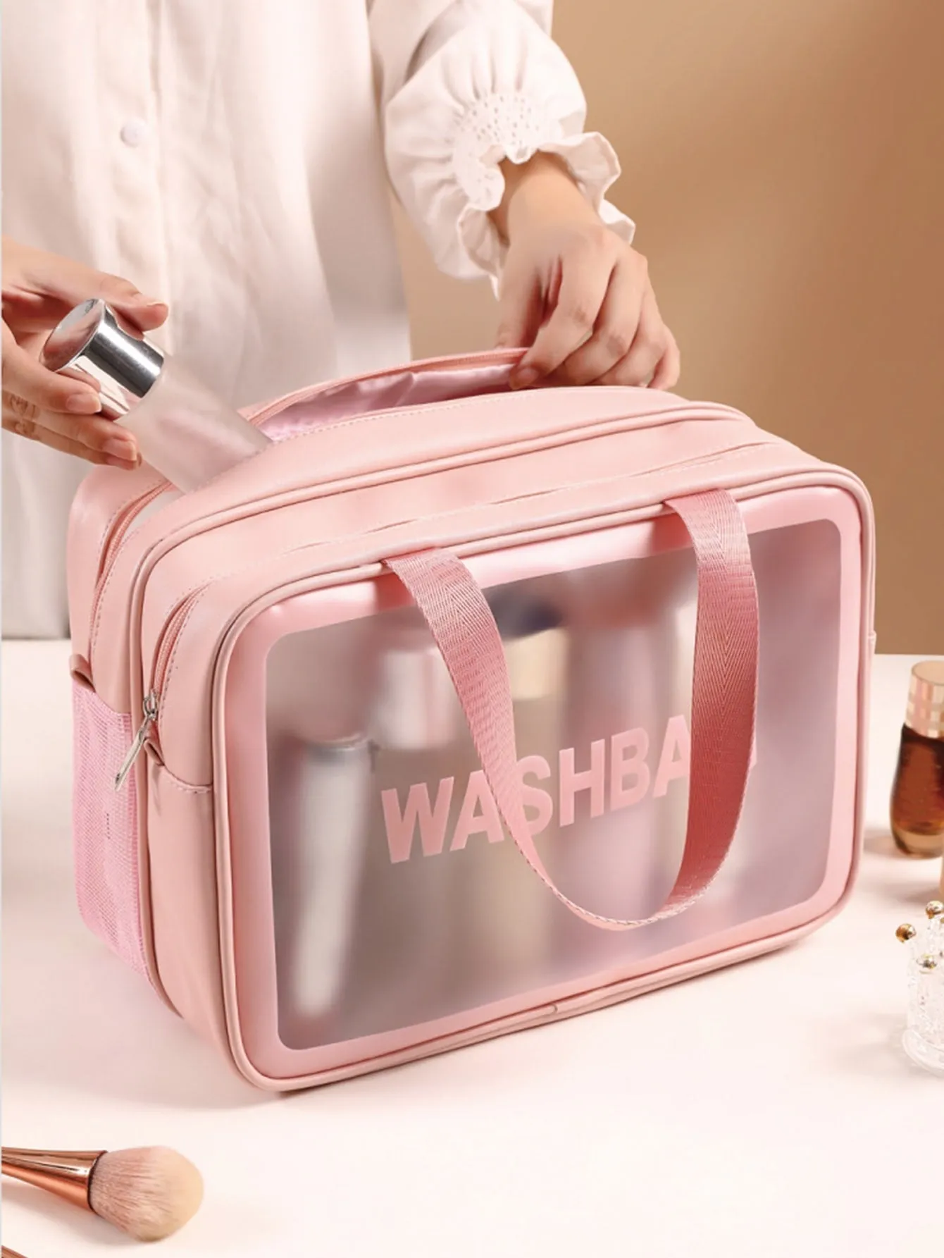 1pc Transparent Double-Layer Dry And Wet Separation Large Capacity Portable Makeup Bag For Women