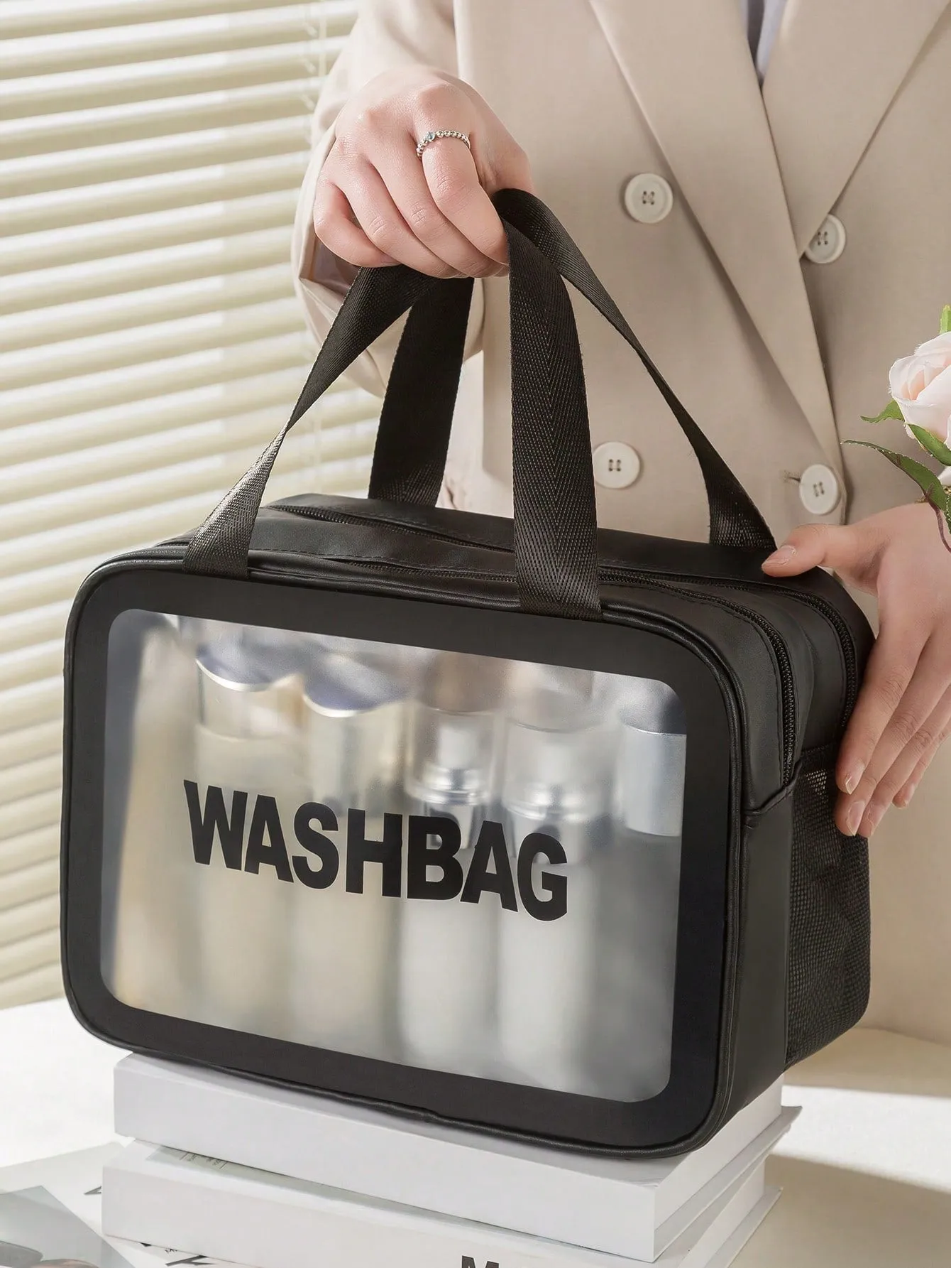 1pc Transparent Double-Layer Dry And Wet Separation Large Capacity Portable Makeup Bag For Women