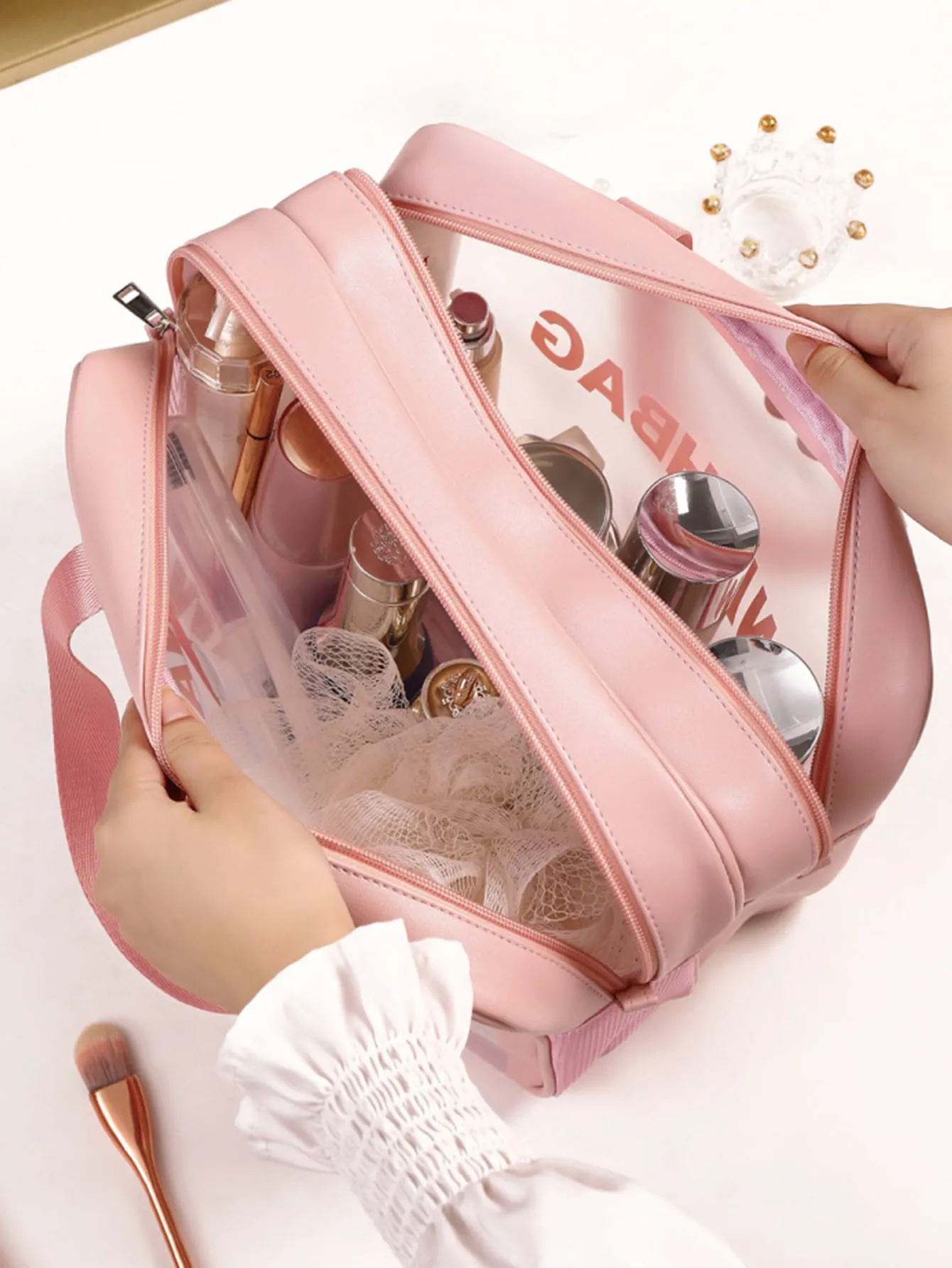 1pc Transparent Double-Layer Dry And Wet Separation Large Capacity Portable Makeup Bag For Women