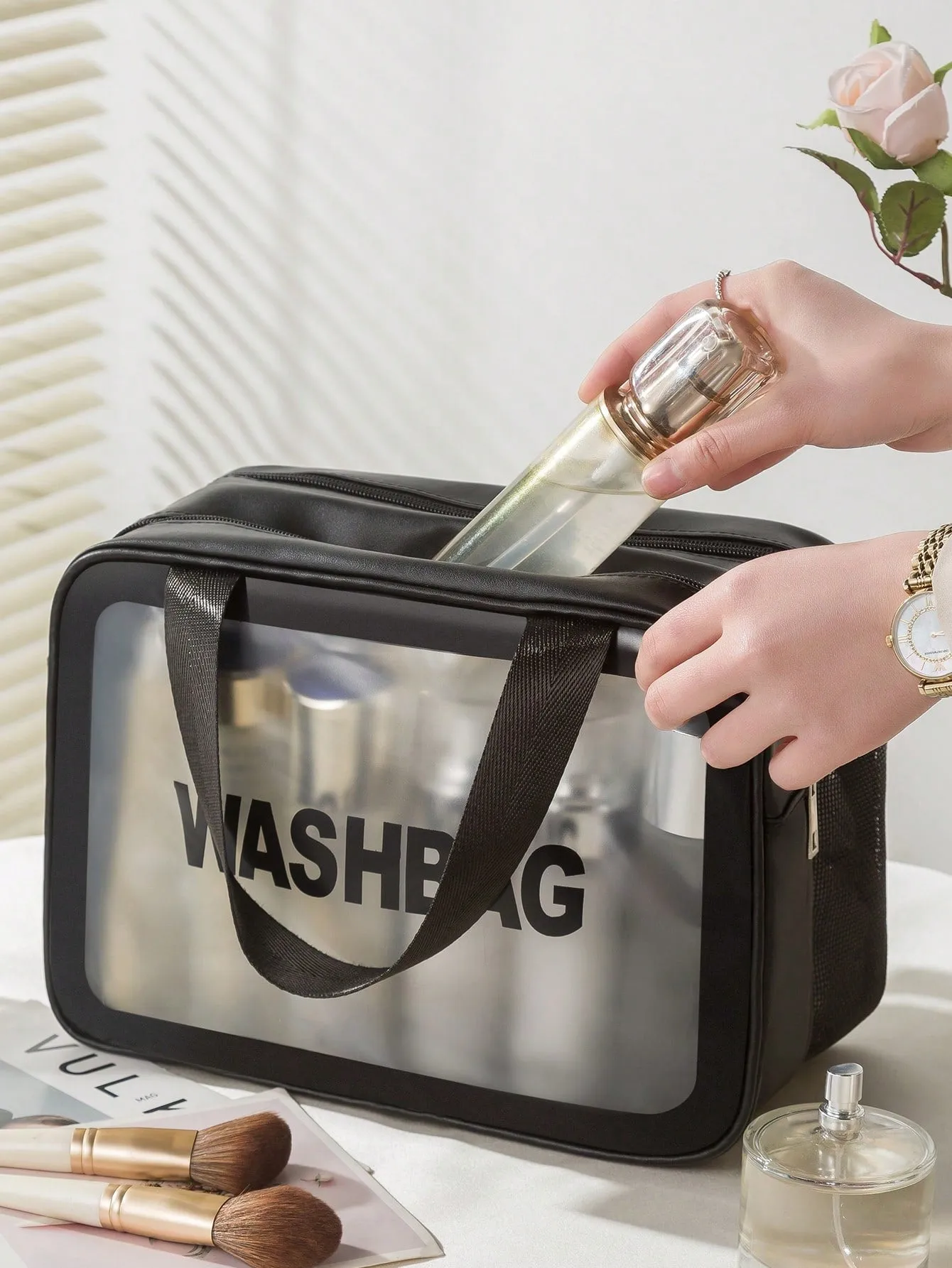 1pc Transparent Double-Layer Dry And Wet Separation Large Capacity Portable Makeup Bag For Women