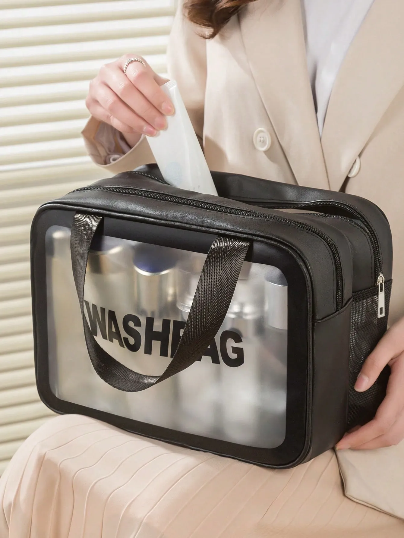 1pc Transparent Double-Layer Dry And Wet Separation Large Capacity Portable Makeup Bag For Women
