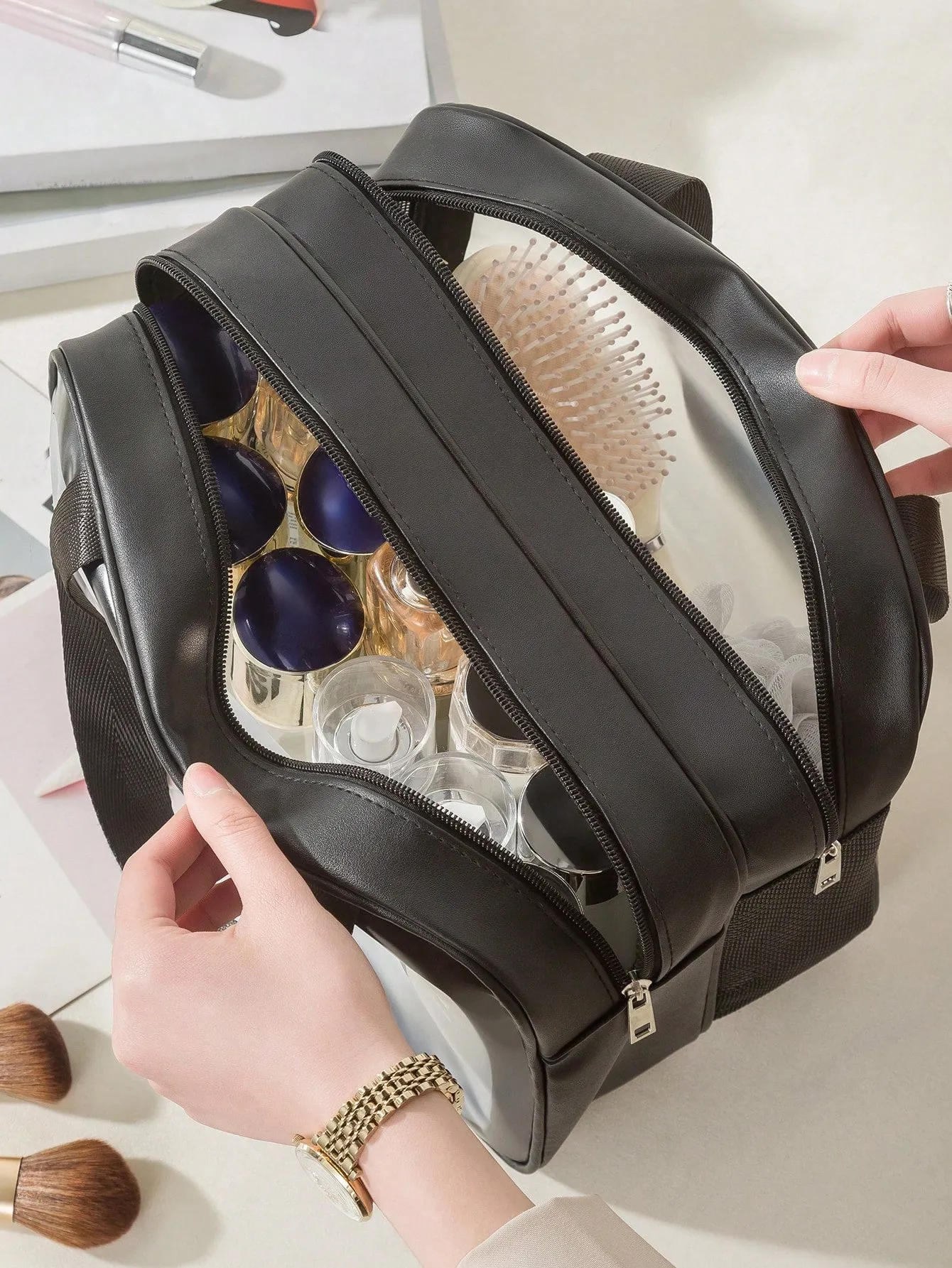 1pc Transparent Double-Layer Dry And Wet Separation Large Capacity Portable Makeup Bag For Women