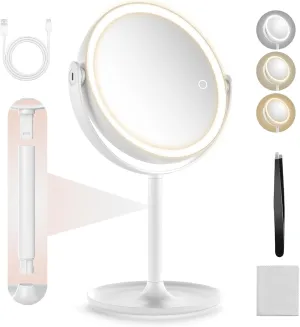 1X/10X Magnifying mirror with light，Magnifying Mirror with 3 Colors Lights,makeup mirror with lights,mirror for desk，Rechargeable double sided lighted makeup mirror,Brightness Adjustable 8.6"Large