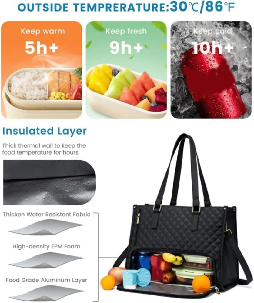 2 in 1 Tote Bag Lunch Bag Combo–7 Colors 15.6 Inch Tote Bag with Lunch Compartment, Office & Travel Handbag for Women