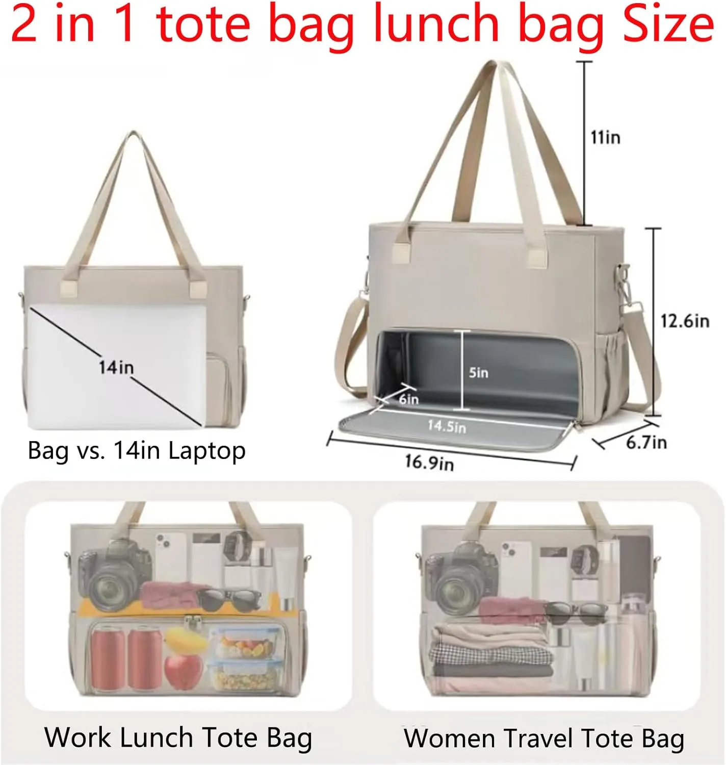 2 in 1 Tote Bag Lunch Bag Combo,Lunch Tote Bag for Women, Large Convertible Laptop Work Handbag for Women