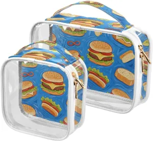 2 Pack clear Art Painting Blue Food Burger clear toiletry bag TSA approved transparent makeup travel bag travel essential
