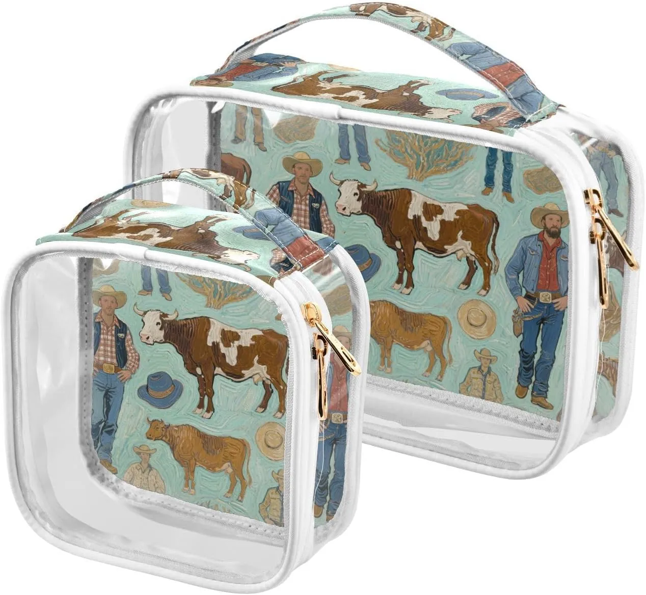 2 Pack clear Art Painting Green Western Cowboy makeup and toiletry TSA approved reusable makeup bag travel shaving essentials