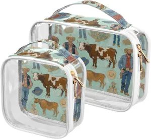 2 Pack clear Art Painting Green Western Cowboy makeup and toiletry TSA approved reusable makeup bag travel shaving essentials