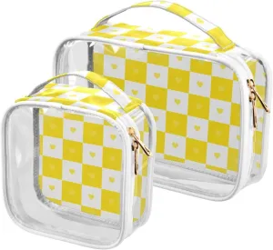 2 Pack clear Buffalo Plaid Check Gold White Heart toiletry bag set TSA approved portable makeup travel bag Airport Airline Compliant
