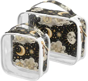 2 Pack clear Gold Leaf Sun Moon toiletry travel bag TSA approved reusable bag travel cosmetic essential