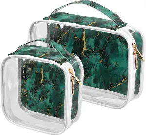 2 Pack Greenish-gold Marble Texture clear decorative toiletry bags for traveling women TSA approved multifunctional makeup brush bag travel essential para maquillaje