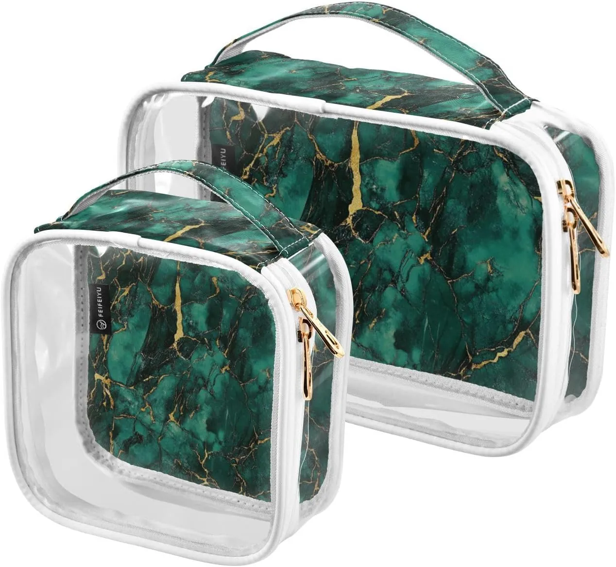 2 Pack Greenish-gold Marble Texture clear decorative toiletry bags for traveling women TSA approved multifunctional makeup brush bag travel essential para maquillaje