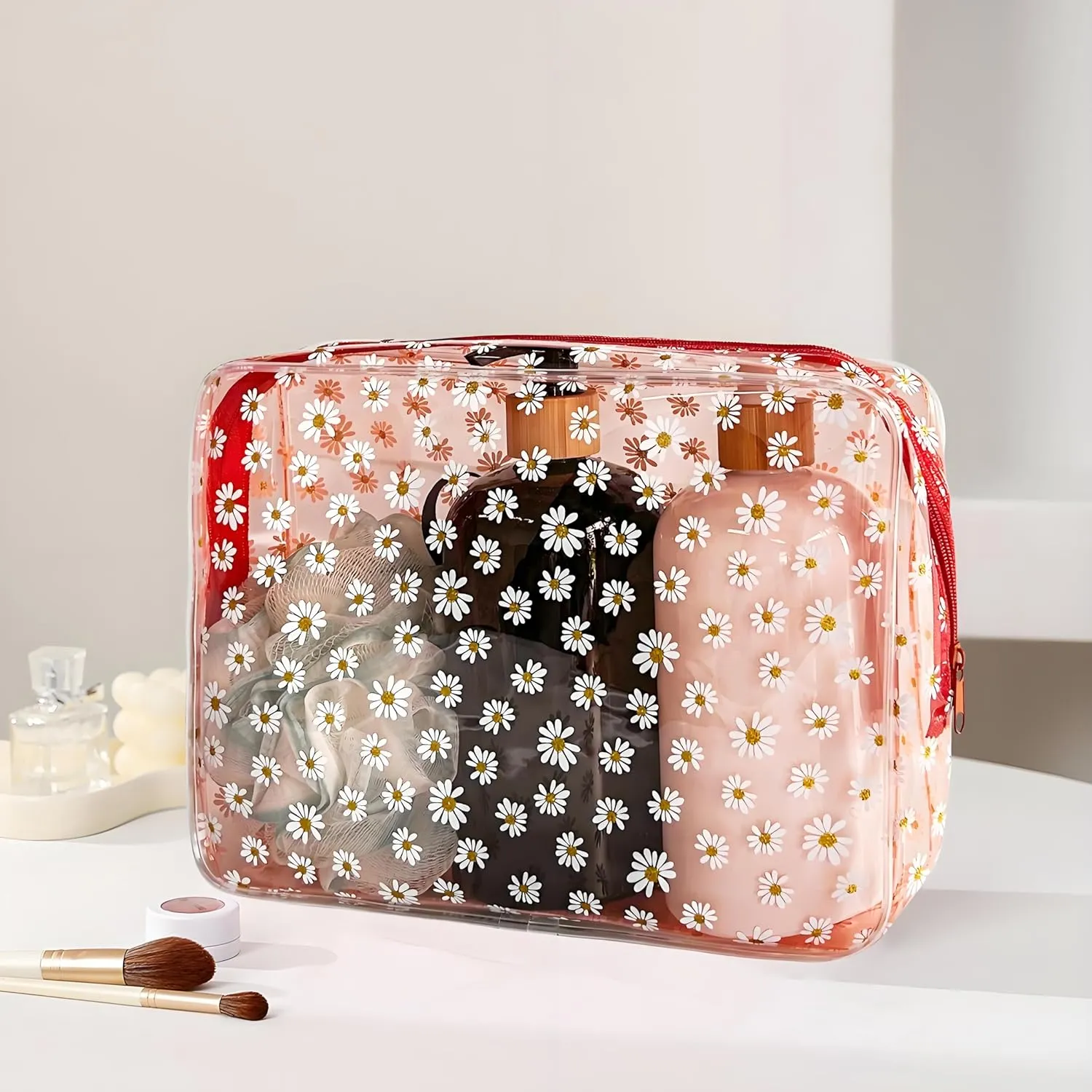 2 Packs Purple Portable Waterproof Makeup Bag Clear Daisy Pouch for Travel,Solid Makeup Bags with Zipper for Purse Cosmetic Brush Bag Pen Pouch 9.64 x 2.36 x 7.09 inches (Hot pink)