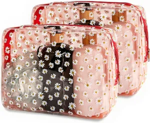 2 Packs Purple Portable Waterproof Makeup Bag Clear Daisy Pouch for Travel,Solid Makeup Bags with Zipper for Purse Cosmetic Brush Bag Pen Pouch 9.64 x 2.36 x 7.09 inches (Hot pink)
