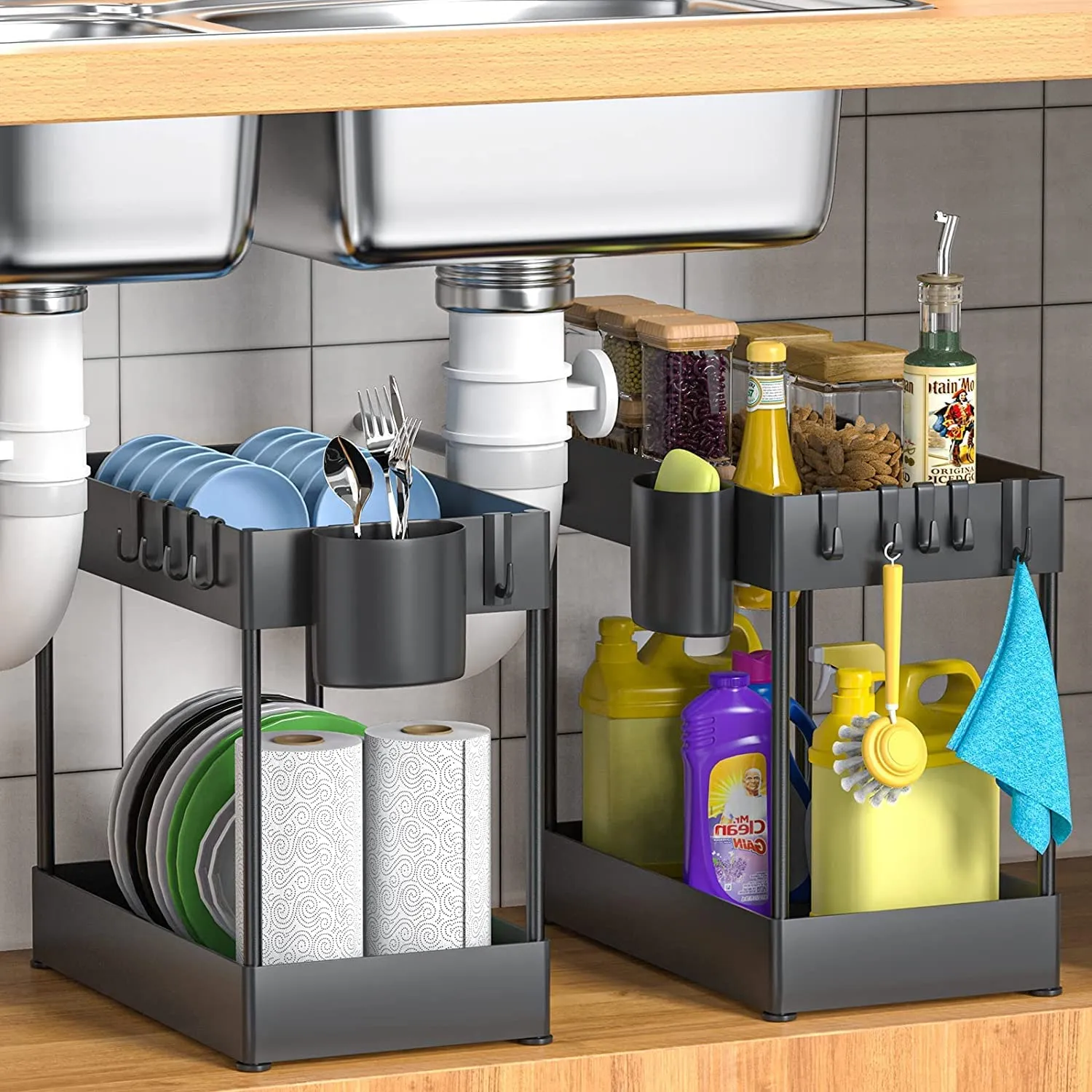 2 PackUnder Sink Organizers and Storage, Large Capacity Under Bathroom and Kitchen Cabinet Storage Drawer Organizer with Hooks, Multi-Purpose Heavy Load Under Sink Shelf Organizer, Black