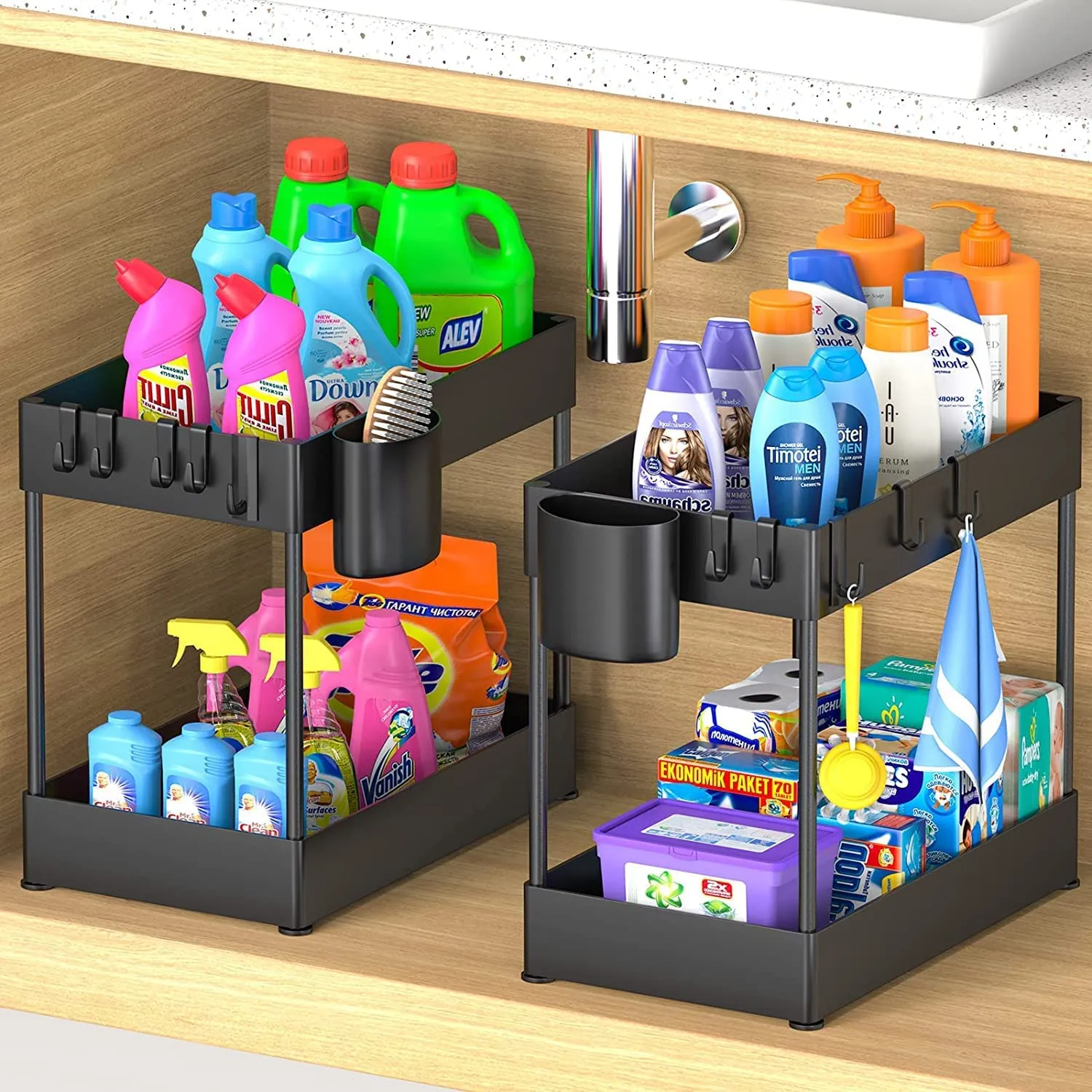 2 PackUnder Sink Organizers and Storage, Large Capacity Under Bathroom and Kitchen Cabinet Storage Drawer Organizer with Hooks, Multi-Purpose Heavy Load Under Sink Shelf Organizer, Black
