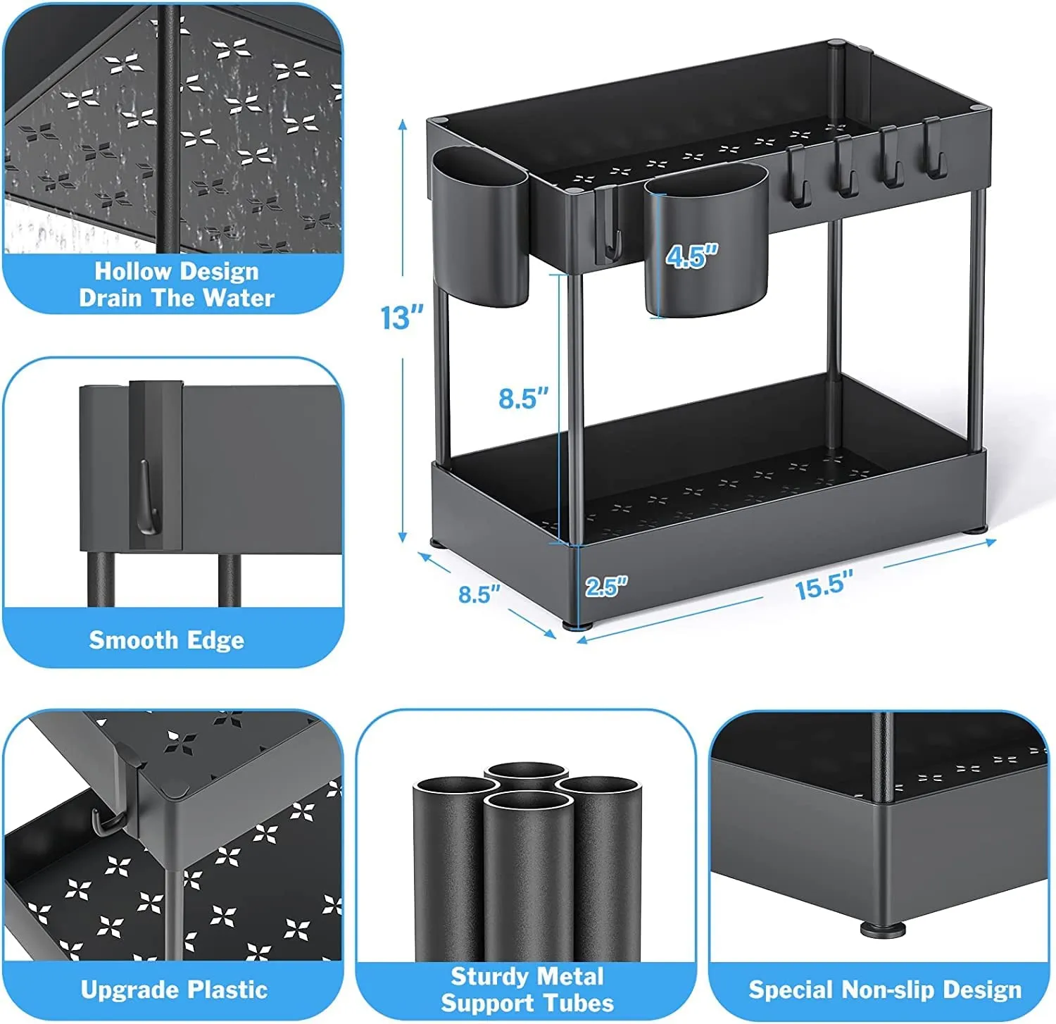 2 PackUnder Sink Organizers and Storage, Large Capacity Under Bathroom and Kitchen Cabinet Storage Drawer Organizer with Hooks, Multi-Purpose Heavy Load Under Sink Shelf Organizer, Black