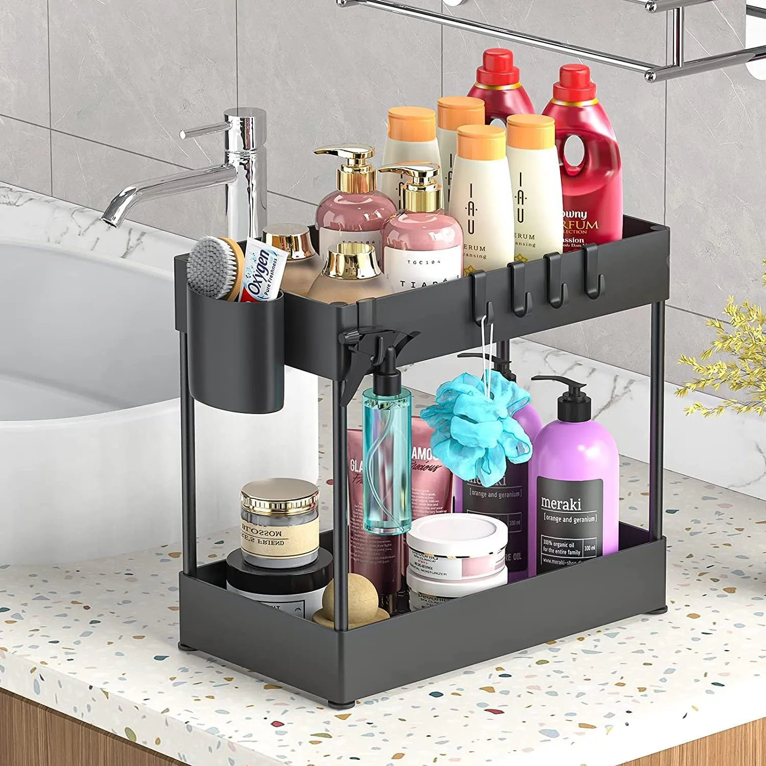 2 PackUnder Sink Organizers and Storage, Large Capacity Under Bathroom and Kitchen Cabinet Storage Drawer Organizer with Hooks, Multi-Purpose Heavy Load Under Sink Shelf Organizer, Black