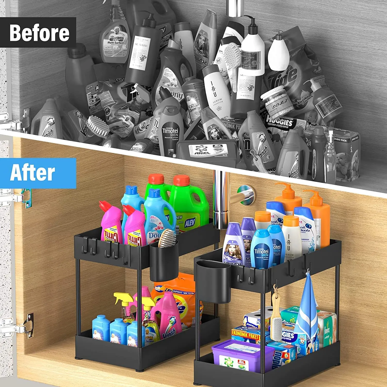 2 PackUnder Sink Organizers and Storage, Large Capacity Under Bathroom and Kitchen Cabinet Storage Drawer Organizer with Hooks, Multi-Purpose Heavy Load Under Sink Shelf Organizer, Black