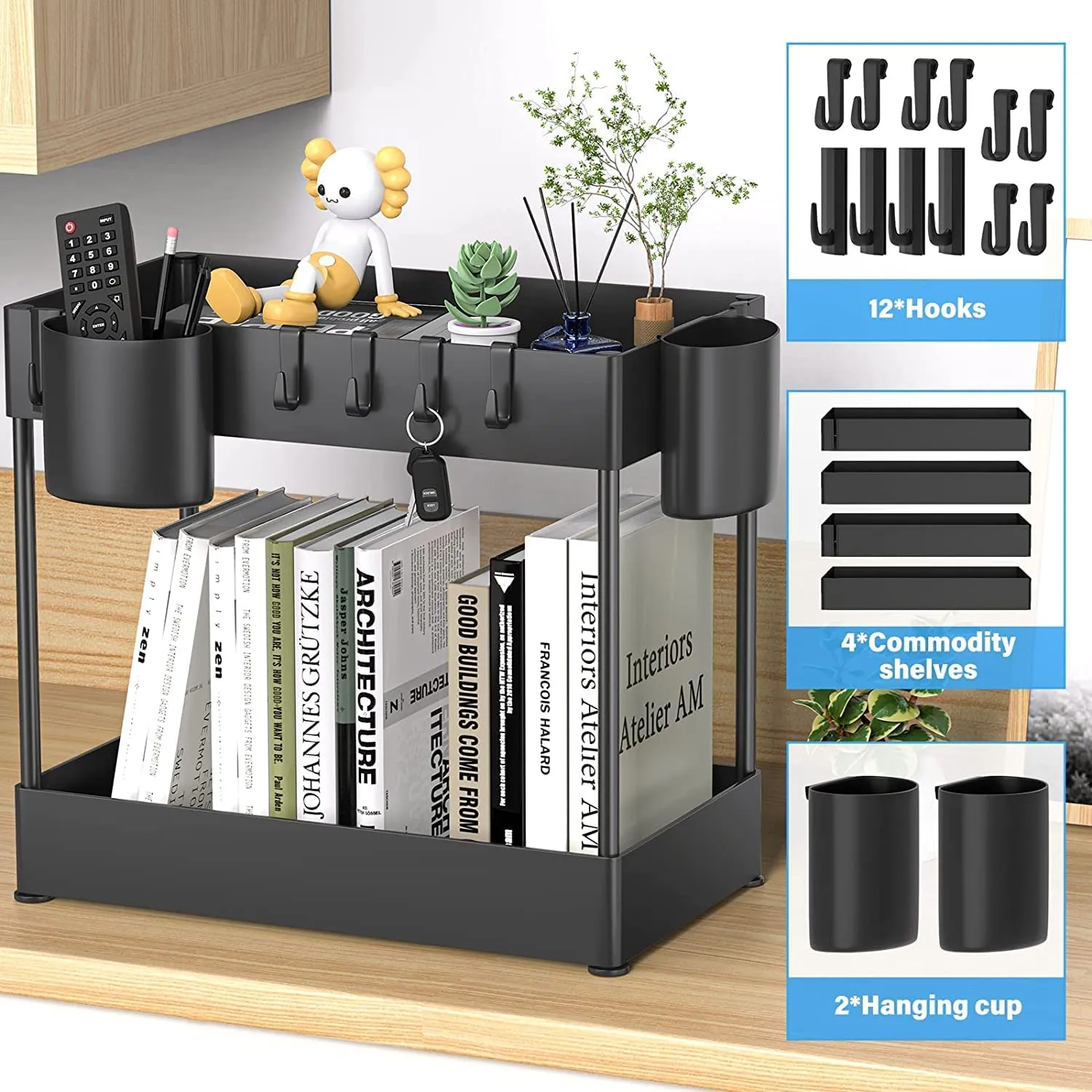 2 PackUnder Sink Organizers and Storage, Large Capacity Under Bathroom and Kitchen Cabinet Storage Drawer Organizer with Hooks, Multi-Purpose Heavy Load Under Sink Shelf Organizer, Black