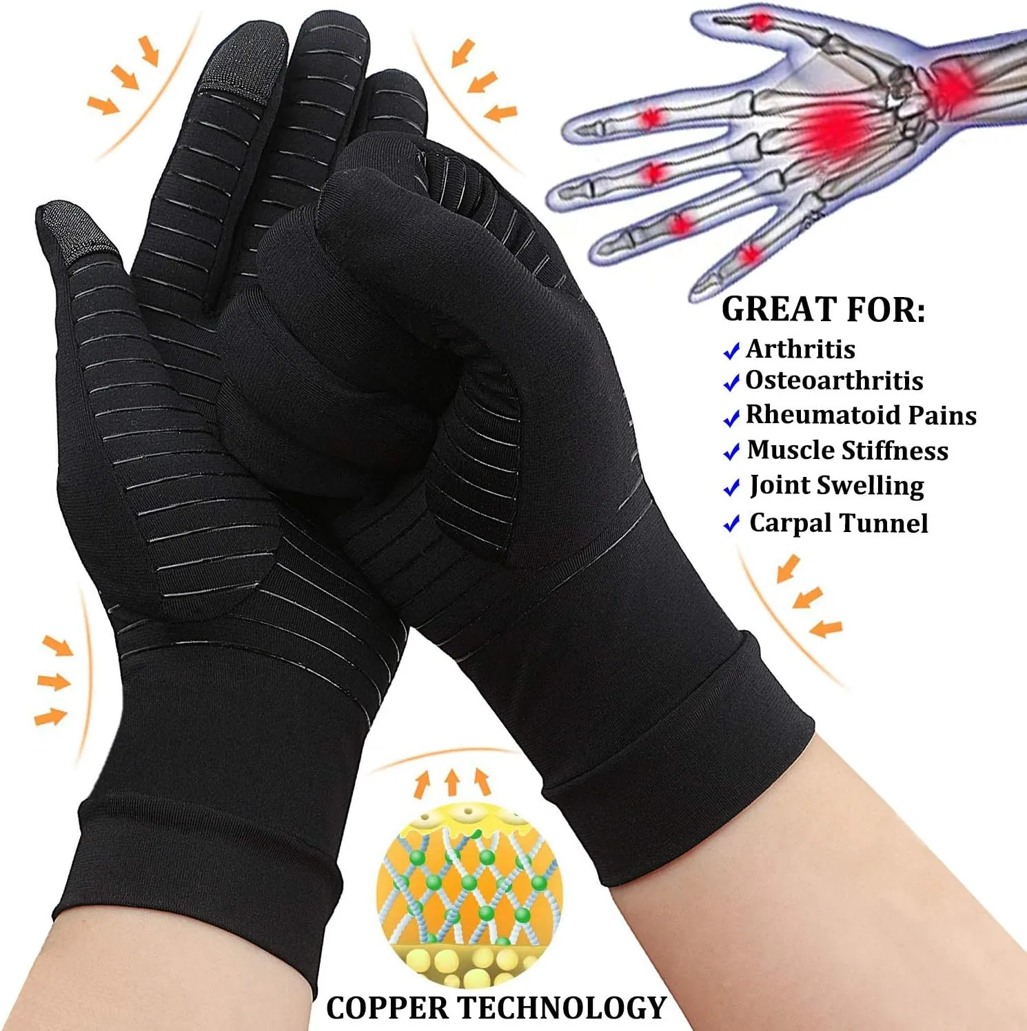 2-Pairs Pack Copper Full Finger Compression Gloves, Copper Arthritis Gloves for Women & Men Relieve Pain from Arthritis Pain, Swelling and Rheumatoid, and Everyday Hands Support (Large (Pack of 2))