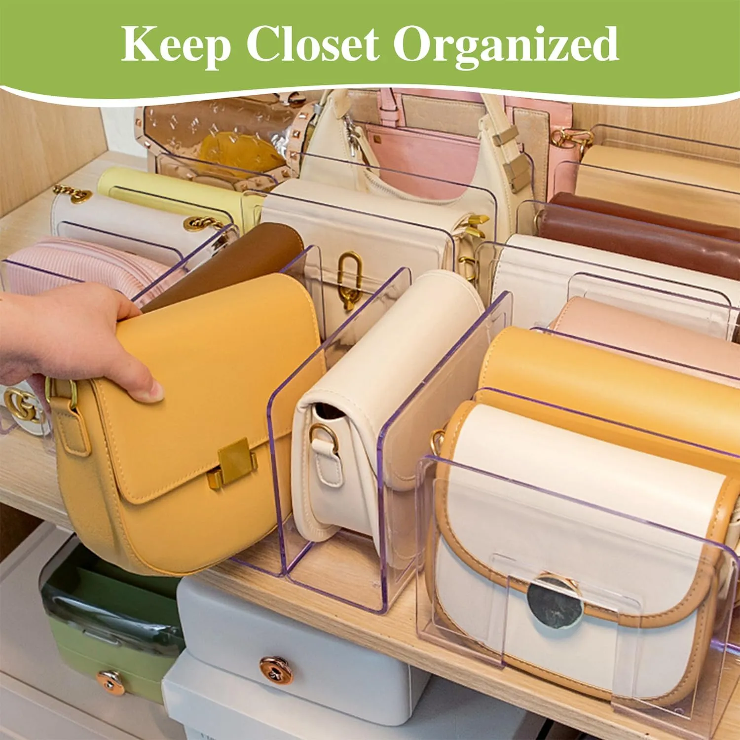 2 Pcs Acrylic Clear Purse Organizer for Closet - 4 Sections Handbag Divider Holder Storage in Bedroom Office (Pink)