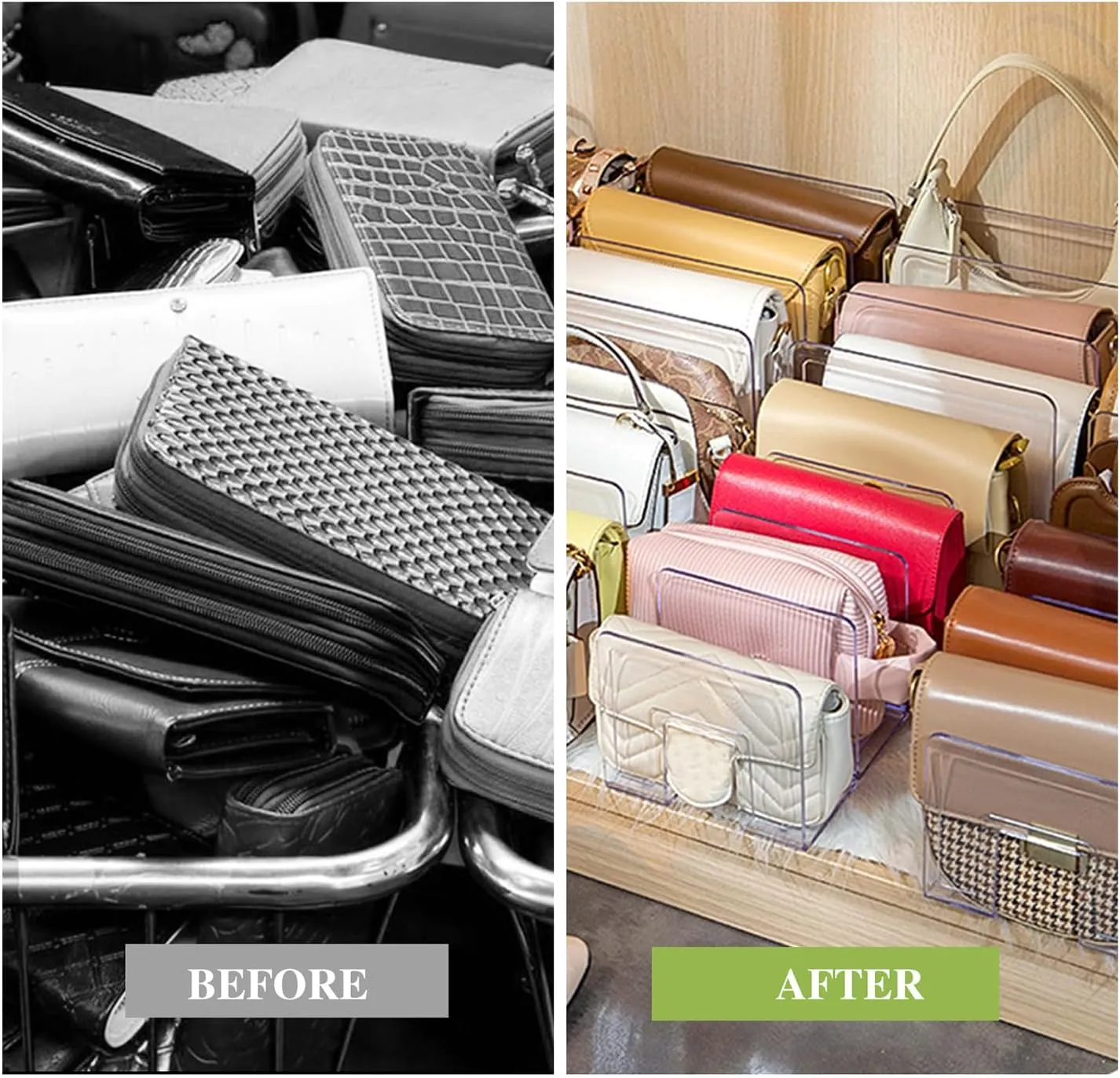 2 Pcs Acrylic Clear Purse Organizer for Closet - 4 Sections Handbag Divider Holder Storage in Bedroom Office (Pink)