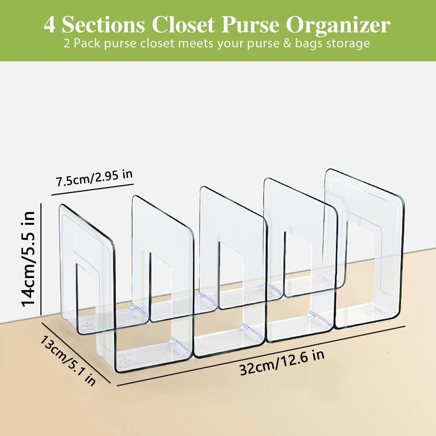 2 Pcs Acrylic Clear Purse Organizer for Closet - 4 Sections Handbag Divider Holder Storage in Bedroom Office (Pink)