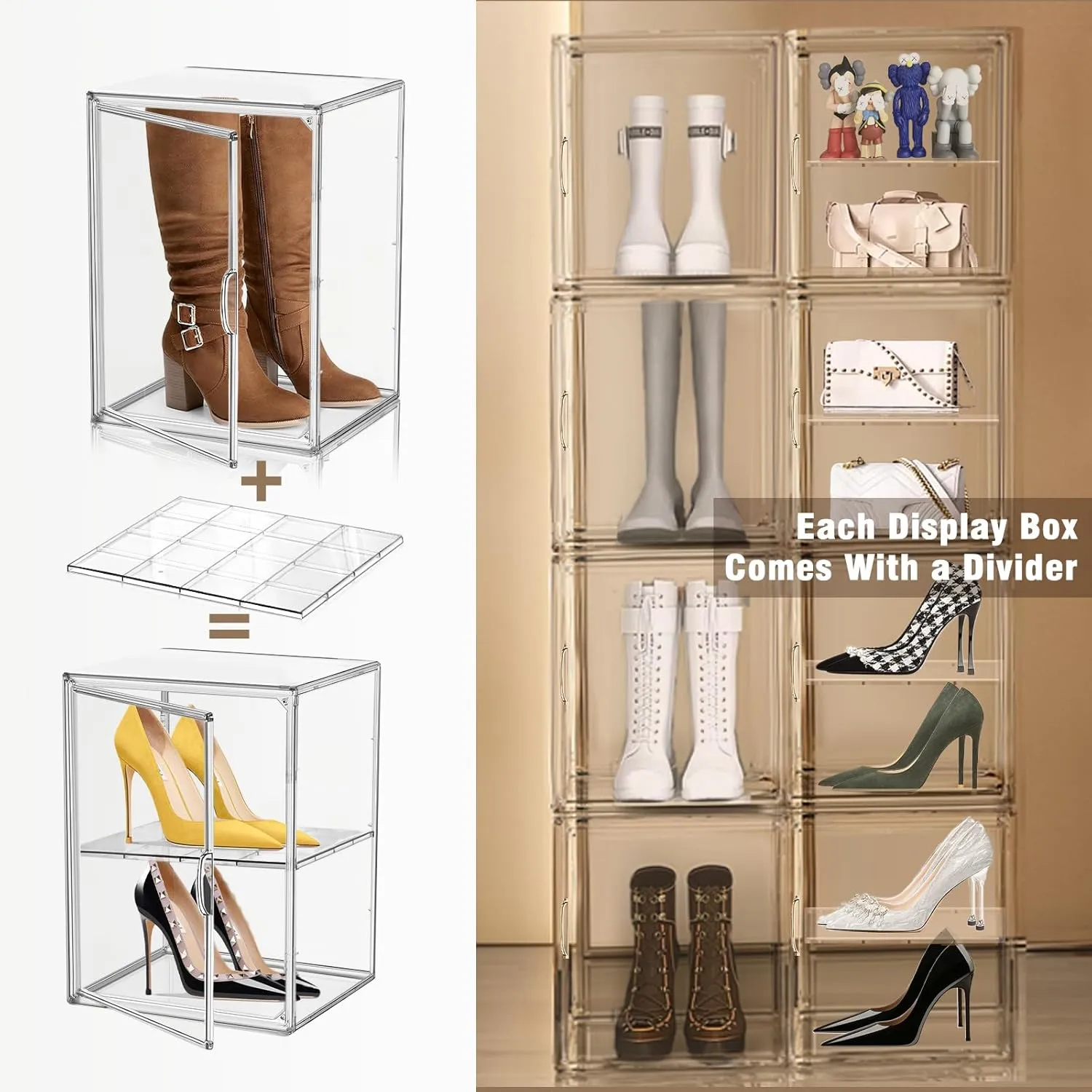 2 Pcs Shoe Display Case, XX-Large Tall Boot Storage Box Transparent Handbag Organizer for Closet Acrylic Shoe Box Clear Plastic Stackable Sneaker Collectibles Case with Detachable Divider