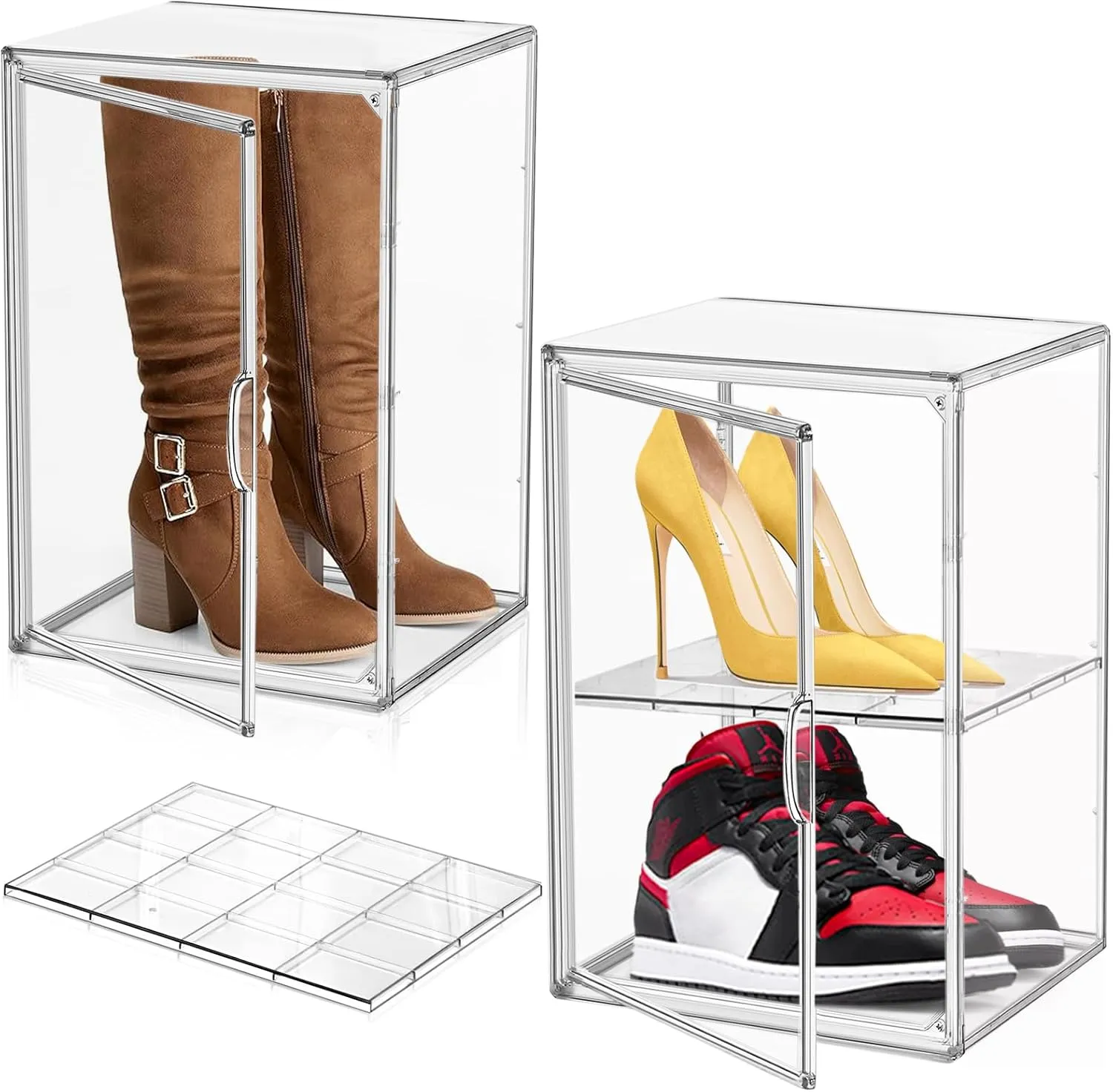 2 Pcs Shoe Display Case, XX-Large Tall Boot Storage Box Transparent Handbag Organizer for Closet Acrylic Shoe Box Clear Plastic Stackable Sneaker Collectibles Case with Detachable Divider