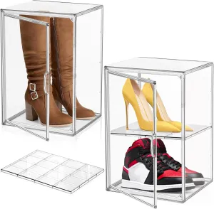 2 Pcs Shoe Display Case, XX-Large Tall Boot Storage Box Transparent Handbag Organizer for Closet Acrylic Shoe Box Clear Plastic Stackable Sneaker Collectibles Case with Detachable Divider