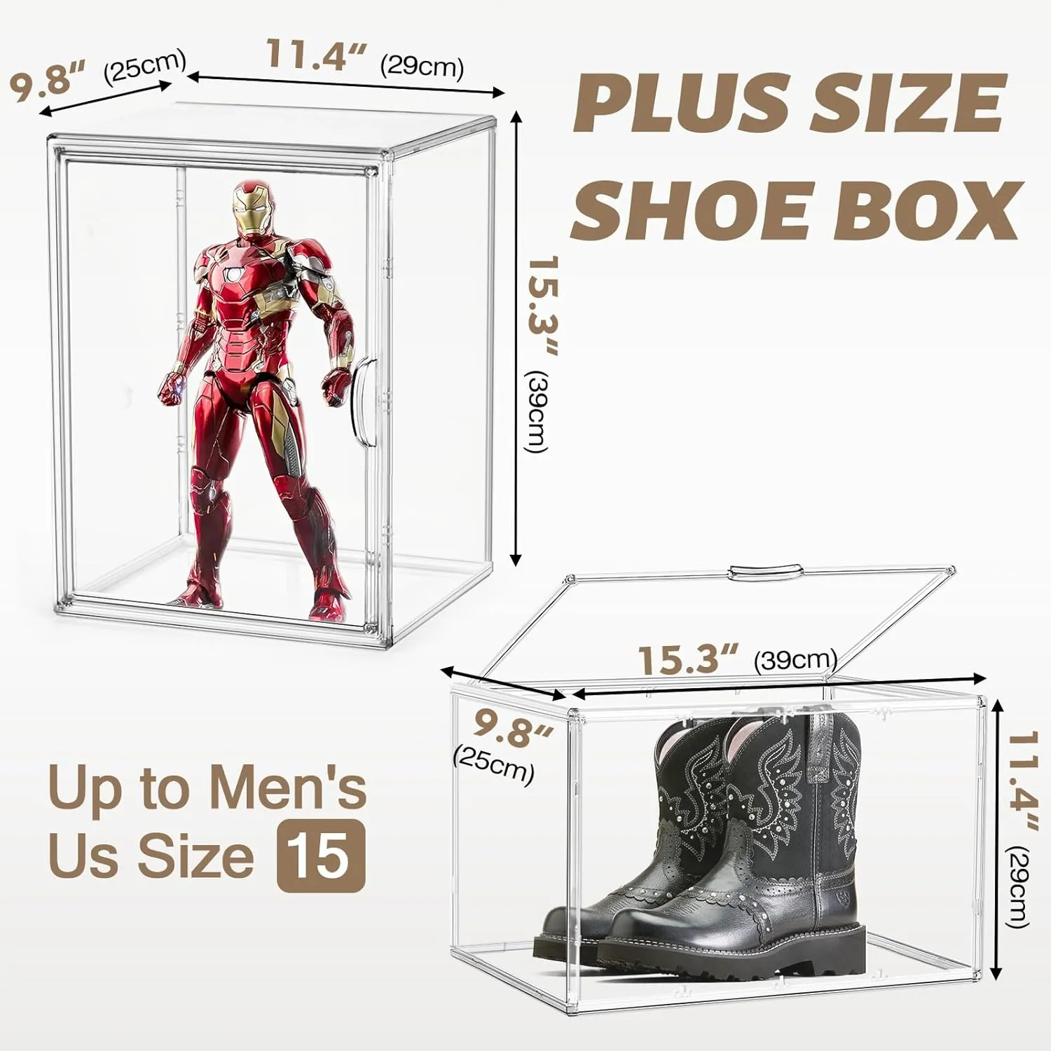 2 Pcs Shoe Display Case, XX-Large Tall Boot Storage Box Transparent Handbag Organizer for Closet Acrylic Shoe Box Clear Plastic Stackable Sneaker Collectibles Case with Detachable Divider