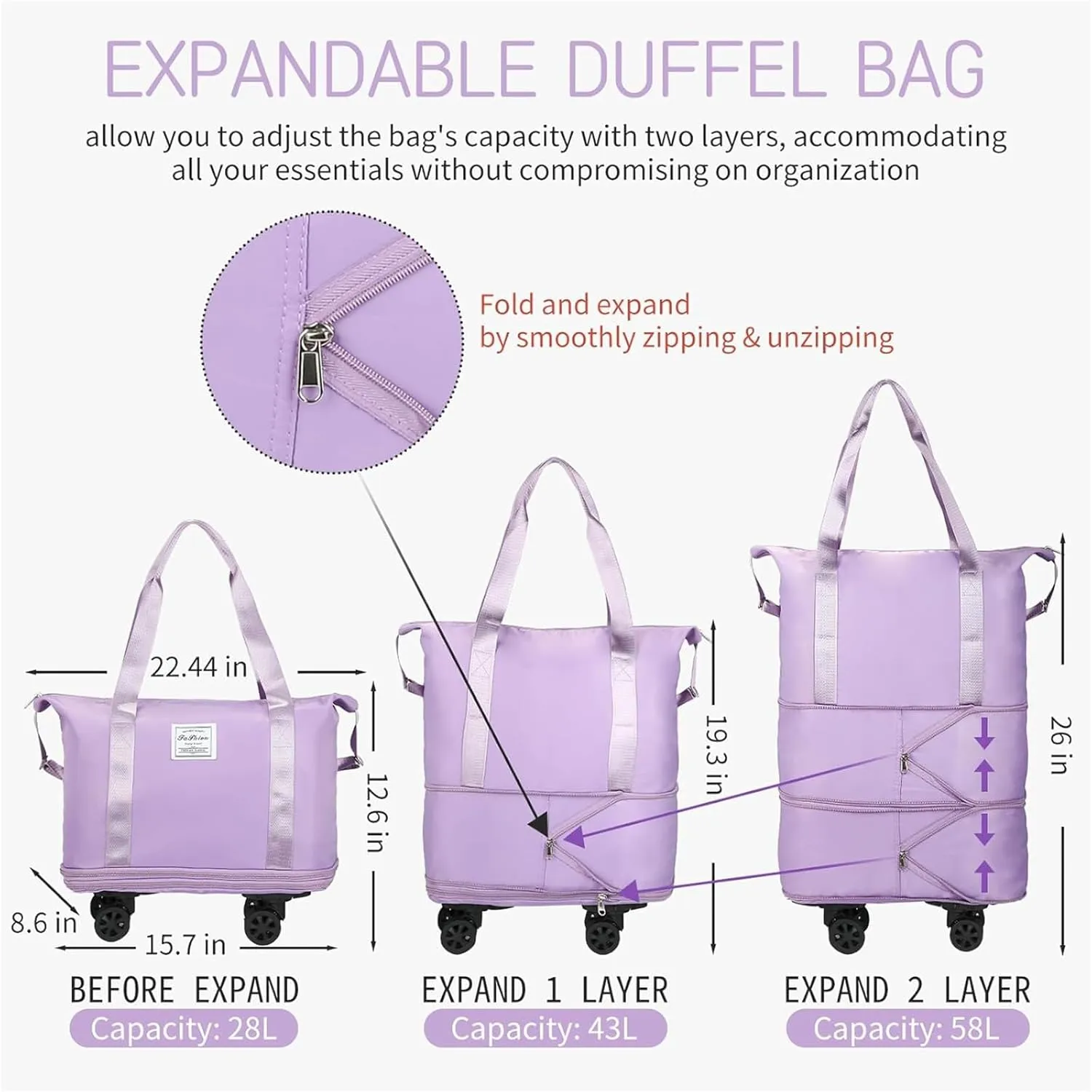 2025 New Large Capacity Travel Bag -Universal Wheel Removable, Waterproof Foldable Dry-Wet Separation for Gym (Gray)