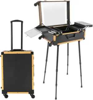 21'' Rolling Makeup Case, Cosmetic Organizer Case on Wheels with LED Light Professional Makeup Suitcase 3 Color Light, Portable Rolling Makeup Station Black, Yellow