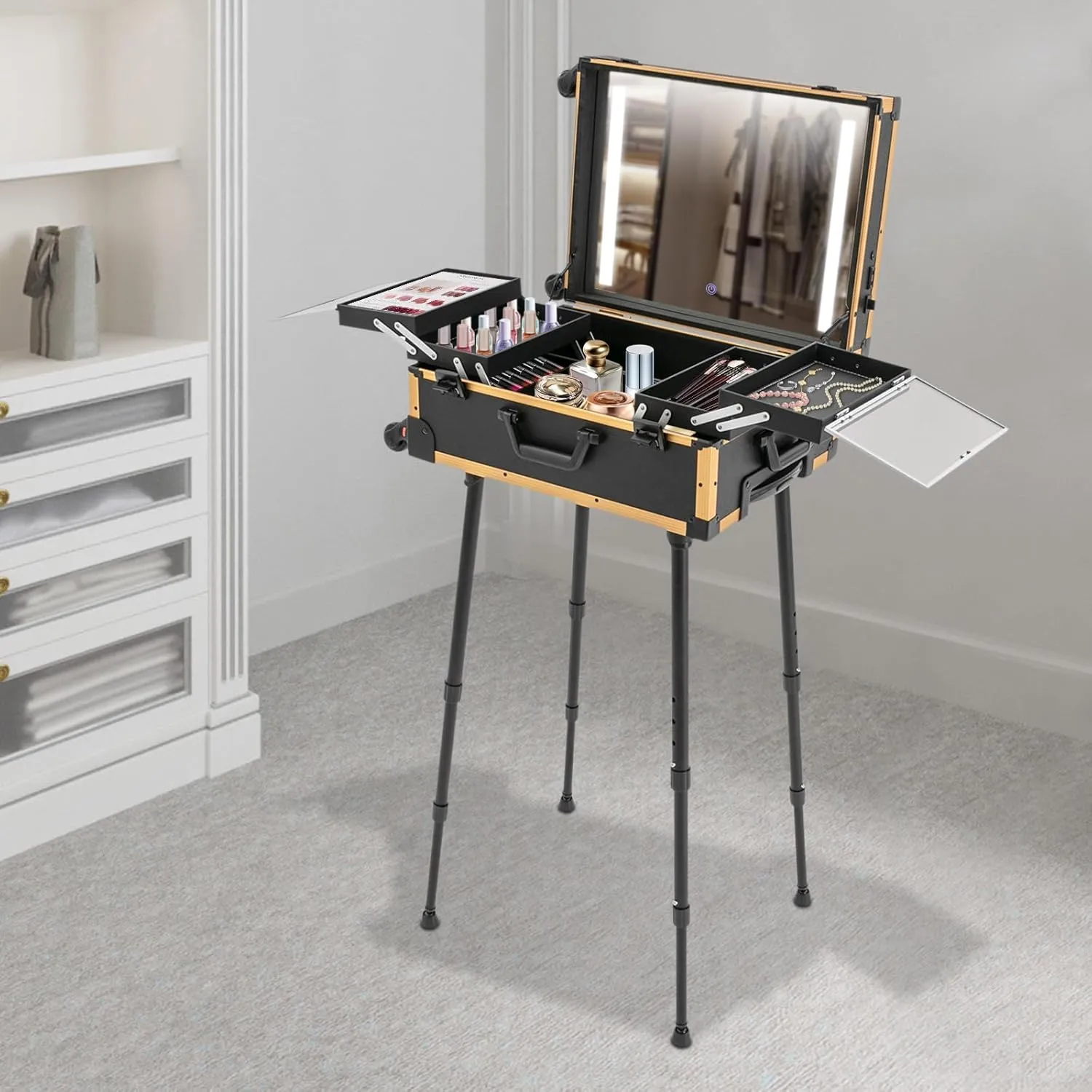 21'' Rolling Makeup Case, Cosmetic Organizer Case on Wheels with LED Light Professional Makeup Suitcase 3 Color Light, Portable Rolling Makeup Station Black, Yellow