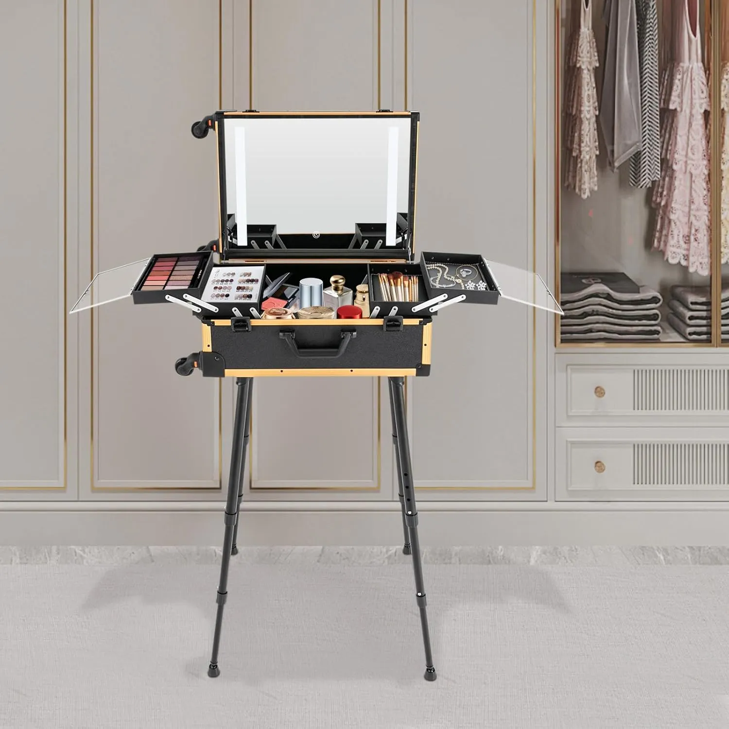21'' Rolling Makeup Case, Cosmetic Organizer Case on Wheels with LED Light Professional Makeup Suitcase 3 Color Light, Portable Rolling Makeup Station Black, Yellow
