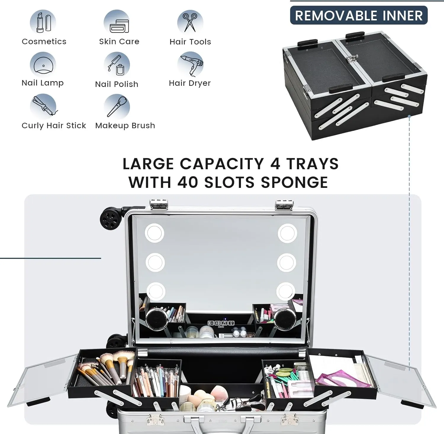 22'' Aluminum Trolley Rolling Makeup Train Case with LED Light Mirror Professional Cosmetic Travel Box with Bluetooth Speaker Make up Cosmetic Organizer Studio Nail Salon Beauty Vanity Silver