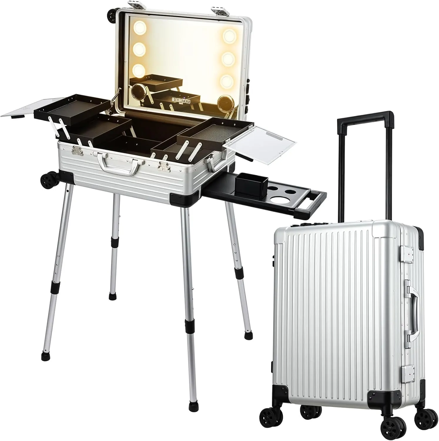 22'' Aluminum Trolley Rolling Makeup Train Case with LED Light Mirror Professional Cosmetic Travel Box with Bluetooth Speaker Make up Cosmetic Organizer Studio Nail Salon Beauty Vanity Silver