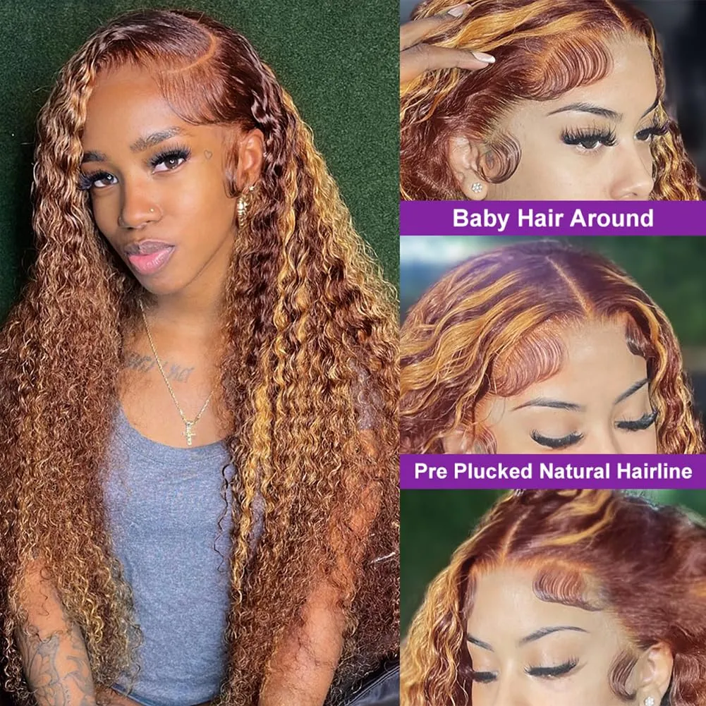 24 Inch Deep Wave P4/27 Highlight 13x6 HD Transparent Lace Front Wigs Ombre Human Hair Wet and Wavy Curly Lace Frontal Wigs for Women Human Hair Wigs Pre Plucked with Baby Hair